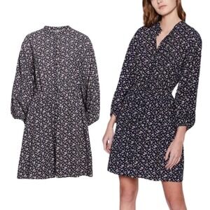 Joie Floral Balloon Sleeve Cinched Waist Button Front Mini Dress Navy Blue - S
